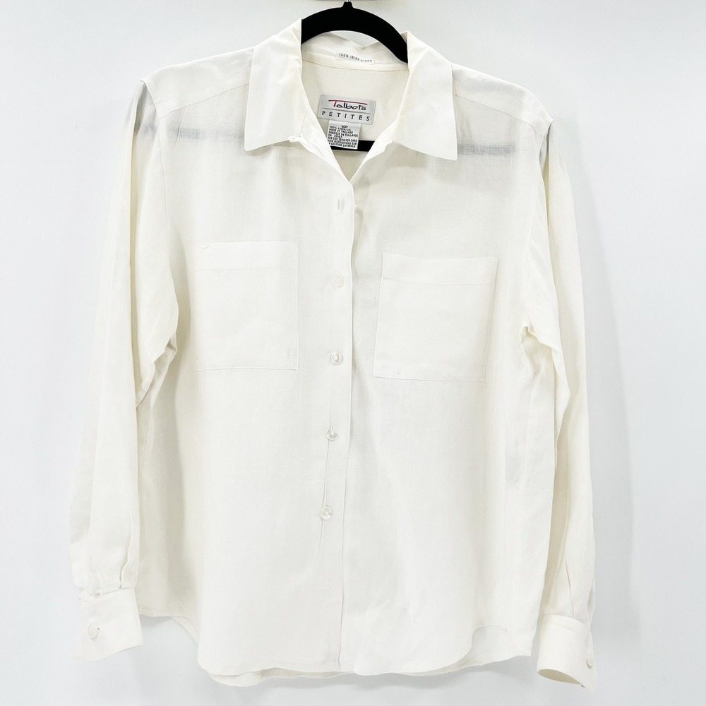 Talbots Button Down Shirt Womens 10P Cream 100% Irish Linen Long Sleeve